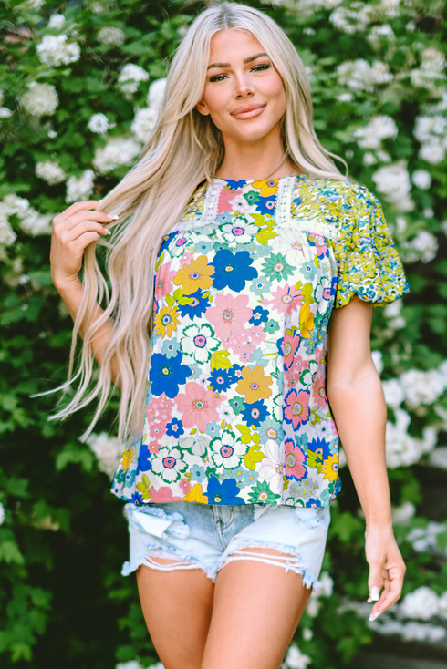 Mixed Floral Print Lace Trim Bubble Sleeve Blouse