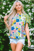 Mixed Floral Print Lace Trim Bubble Sleeve Blouse