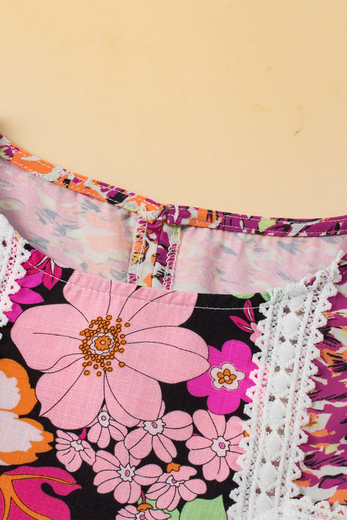 Mixed Floral Print Lace Trim Bubble Sleeve Blouse