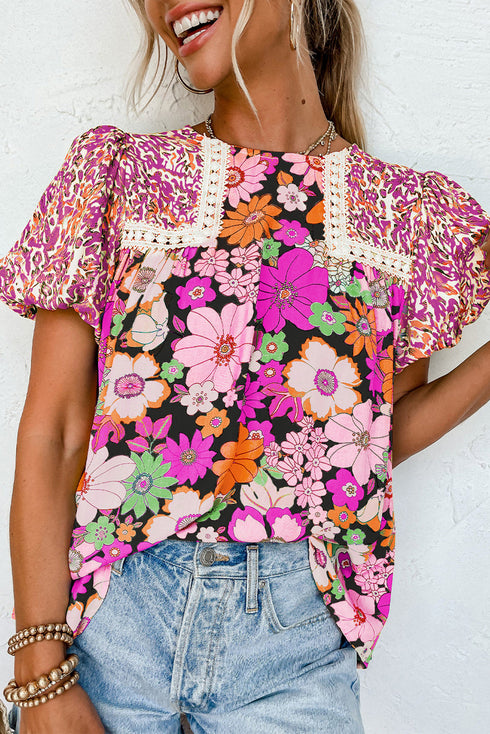 Mixed Floral Print Lace Trim Bubble Sleeve Blouse