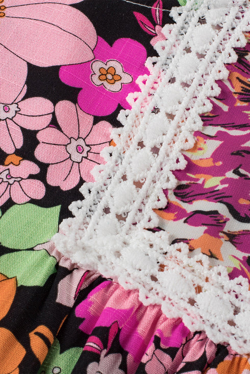 Mixed Floral Print Lace Trim Bubble Sleeve Blouse