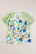 Mixed Floral Print Lace Trim Bubble Sleeve Blouse