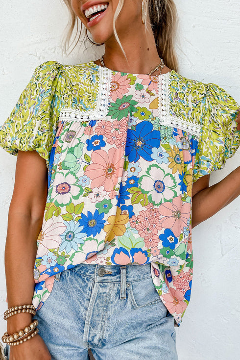 Mixed Floral Print Lace Trim Bubble Sleeve Blouse