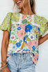 Mixed Floral Print Lace Trim Bubble Sleeve Blouse