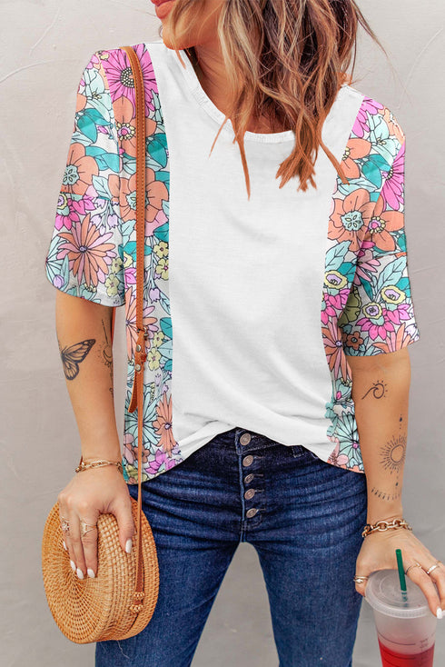 Mixed Floral Print Patchwork Short Sleeve Top