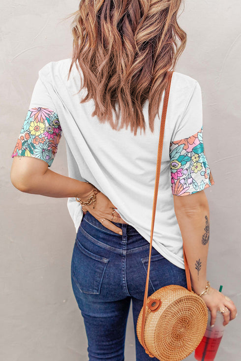 Mixed Floral Print Patchwork Short Sleeve Top