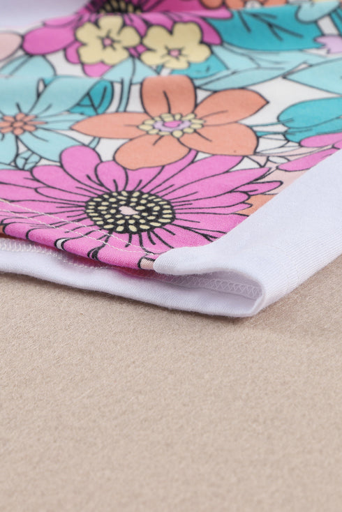 Mixed Floral Print Patchwork Short Sleeve Top