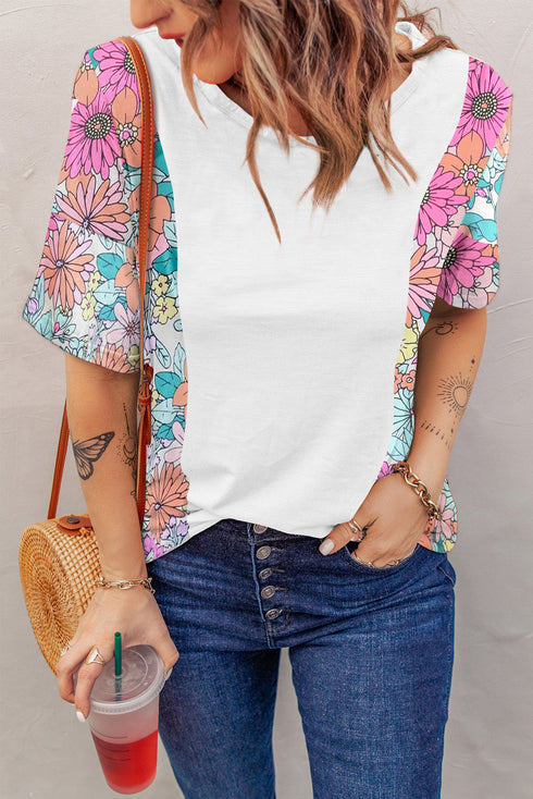 Mixed Floral Print Patchwork Short Sleeve Top