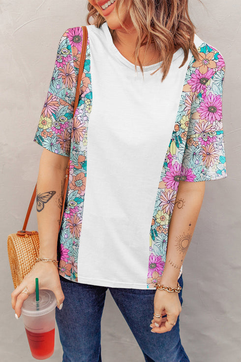 Mixed Floral Print Patchwork Short Sleeve Top