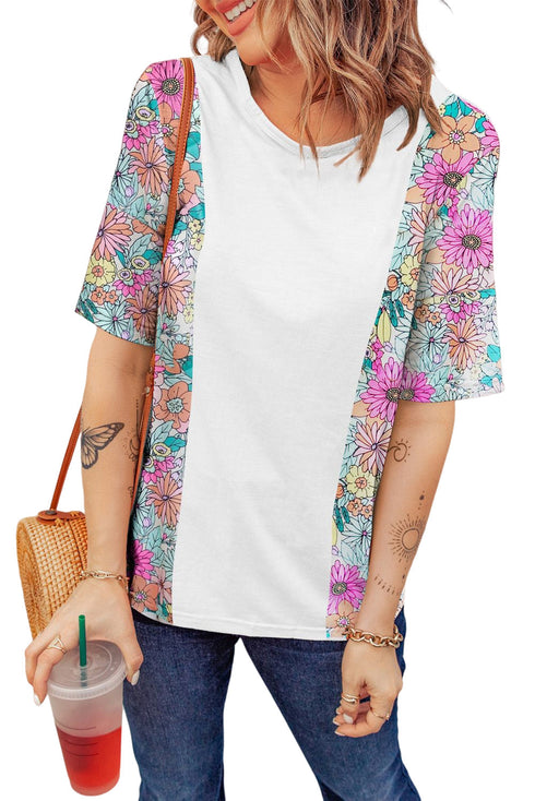 Mixed Floral Print Patchwork Short Sleeve Top