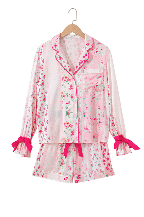Mixed Floral Print Satin Long Sleeve Pajama Set