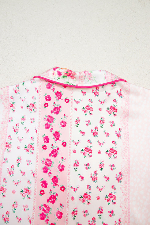 Mixed Floral Print Satin Long Sleeve Pajama Set