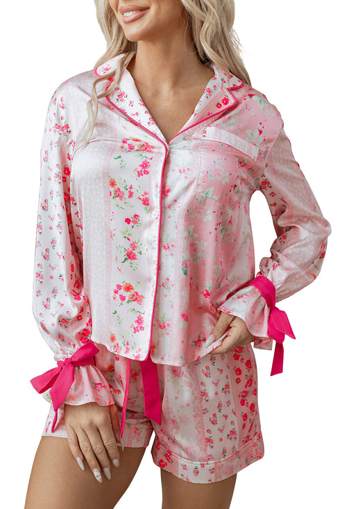 Mixed Floral Print Satin Long Sleeve Pajama Set