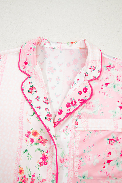 Mixed Floral Print Satin Long Sleeve Pajama Set