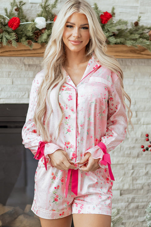 Mixed Floral Print Satin Long Sleeve Pajama Set