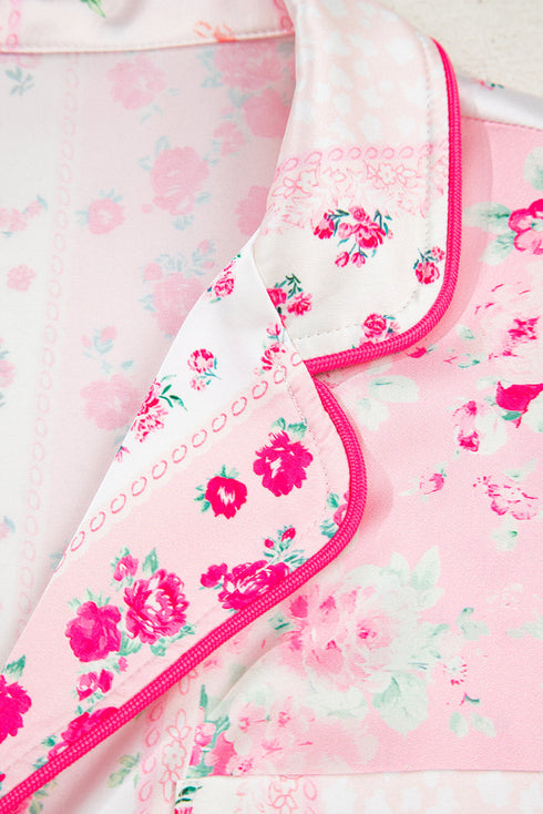 Mixed Floral Print Satin Long Sleeve Pajama Set