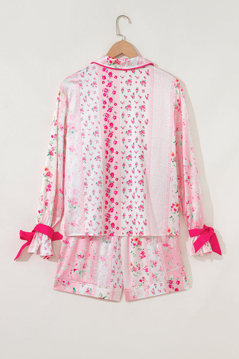 Mixed Floral Print Satin Long Sleeve Pajama Set