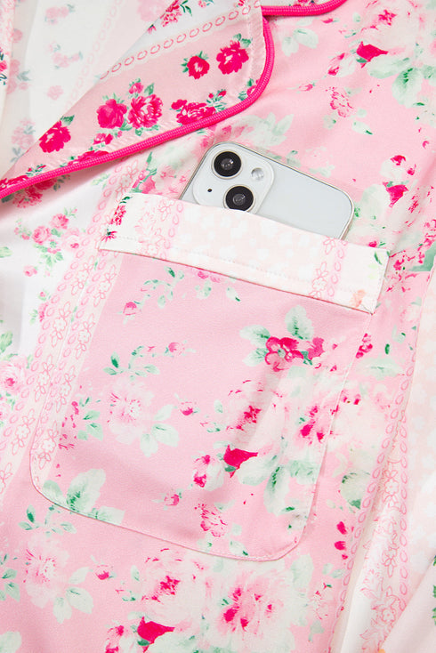 Mixed Floral Print Satin Long Sleeve Pajama Set
