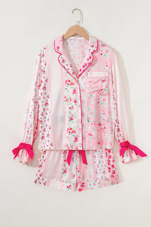 Mixed Floral Print Satin Long Sleeve Pajama Set