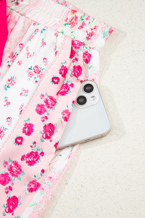 Mixed Floral Print Satin Long Sleeve Pajama Set