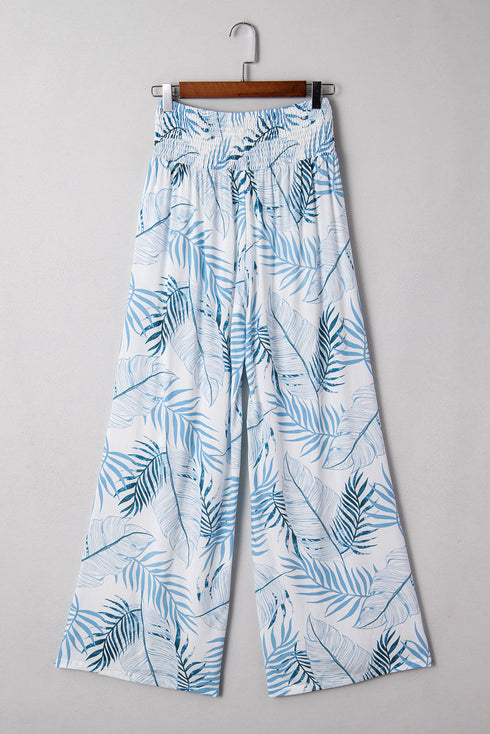 Mixed Floral Print Smocked Waist Wide Leg Pants