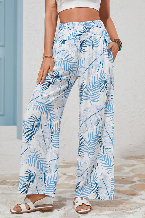 Mixed Floral Print Smocked Waist Wide Leg Pants