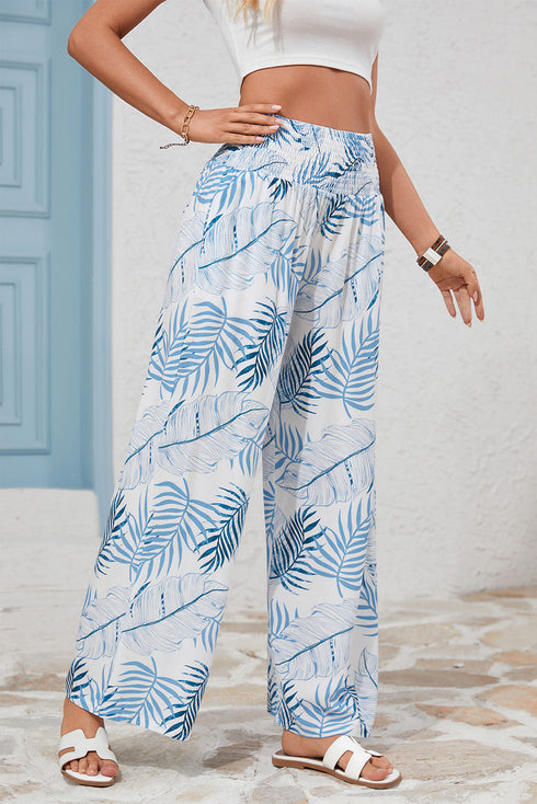 Mixed Floral Print Smocked Waist Wide Leg Pants