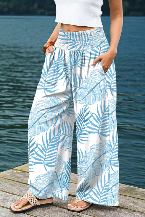 Mixed Floral Print Smocked Waist Wide Leg Pants