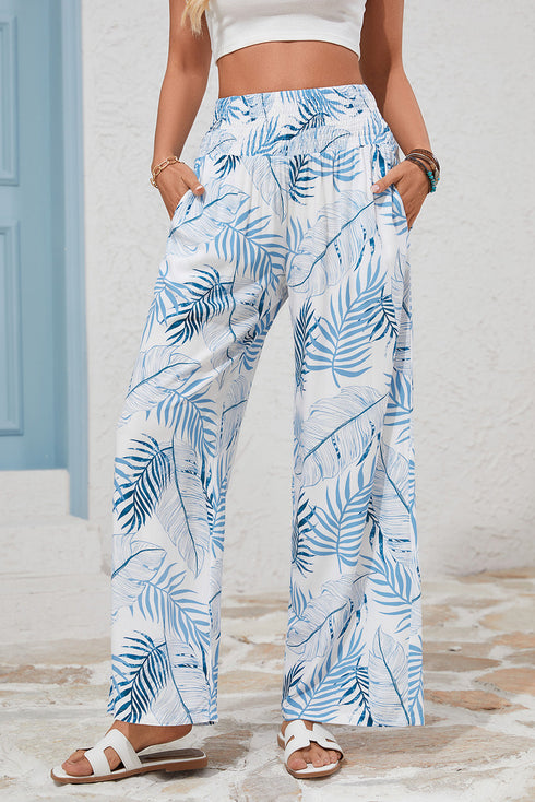 Mixed Floral Print Smocked Waist Wide Leg Pants