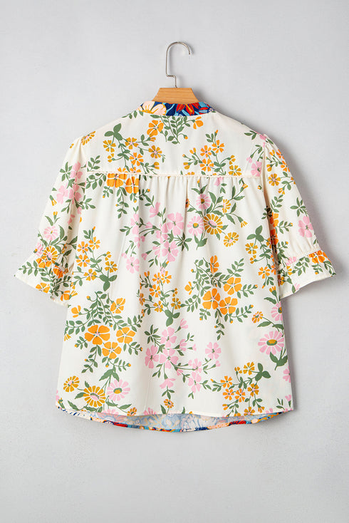 Mixed Floral Print Textured V Neck Puff Sleeve Blouse