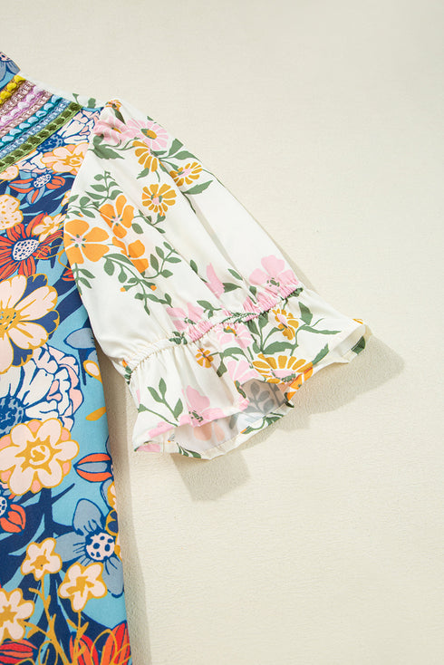 Mixed Floral Print Textured V Neck Puff Sleeve Blouse