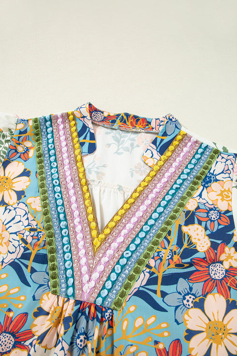 Mixed Floral Print Textured V Neck Puff Sleeve Blouse