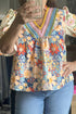 Mixed Floral Print Textured V Neck Puff Sleeve Blouse