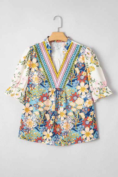 Mixed Floral Print Textured V Neck Puff Sleeve Blouse