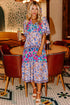 Mixed Floral Print Tie Split Neck Short Sleeve Dress
