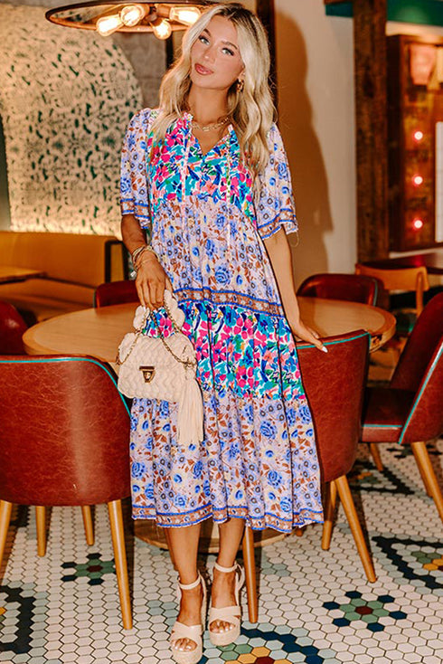 Mixed Floral Print Tie Split Neck Short Sleeve Dress