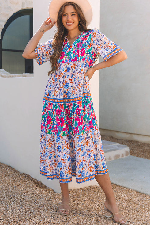 Mixed Floral Print Tie Split Neck Short Sleeve Dress