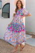 Mixed Floral Print Tie Split Neck Short Sleeve Dress