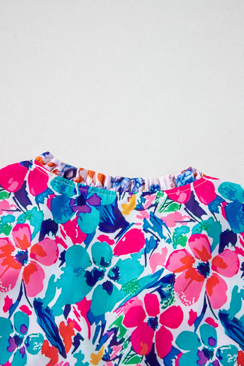 Mixed Floral Print Tie Split Neck Short Sleeve Dress