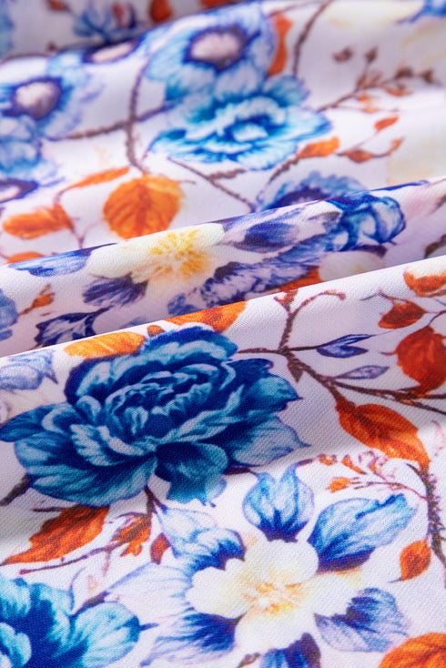 Mixed Floral Print Tie Split Neck Short Sleeve Dress