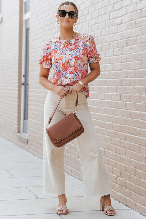 Mixed Floral Print V Neck Puff Sleeve Blouse