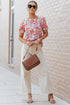 Mixed Floral Print V Neck Puff Sleeve Blouse