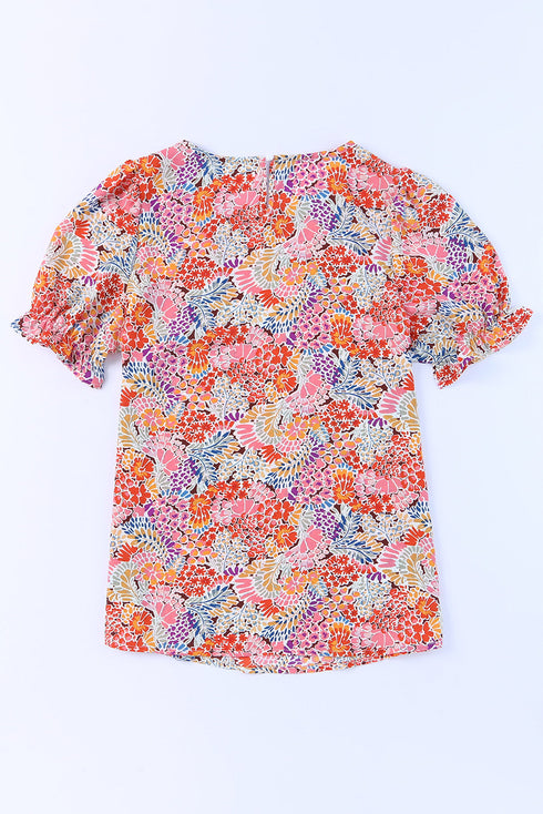 Mixed Floral Print V Neck Puff Sleeve Blouse