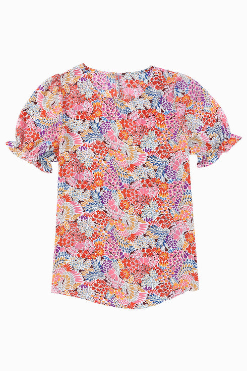 Mixed Floral Print V Neck Puff Sleeve Blouse