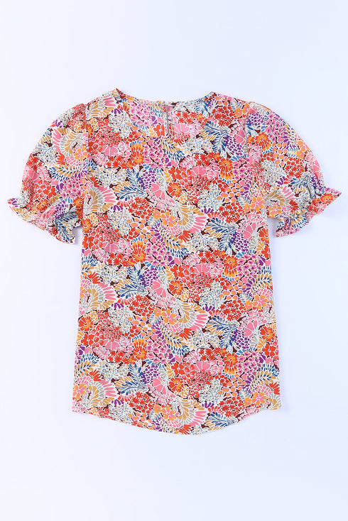 Mixed Floral Print V Neck Puff Sleeve Blouse
