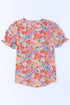 Mixed Floral Print V Neck Puff Sleeve Blouse