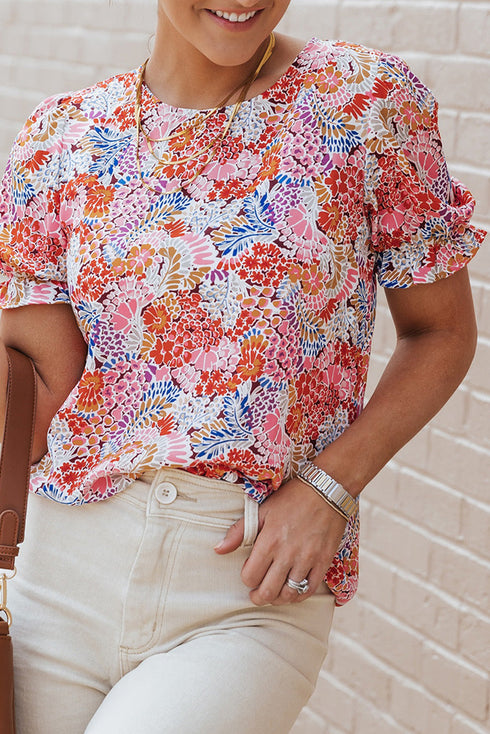 Mixed Floral Print V Neck Puff Sleeve Blouse