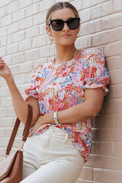Mixed Floral Print V Neck Puff Sleeve Blouse