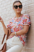 Mixed Floral Print V Neck Puff Sleeve Blouse