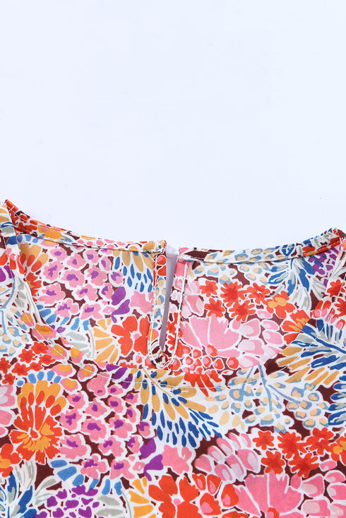 Mixed Floral Print V Neck Puff Sleeve Blouse